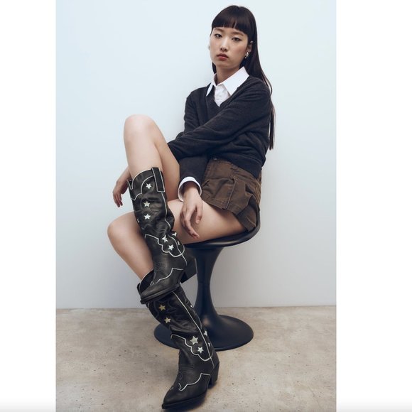 BLOGGER'S FAVE! Zara Star Leather Cowboy Boots NWT - Picture 7 of 17